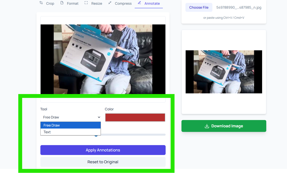 Annotate tool dropdown showing Free Draw and Text options in liangyetools
