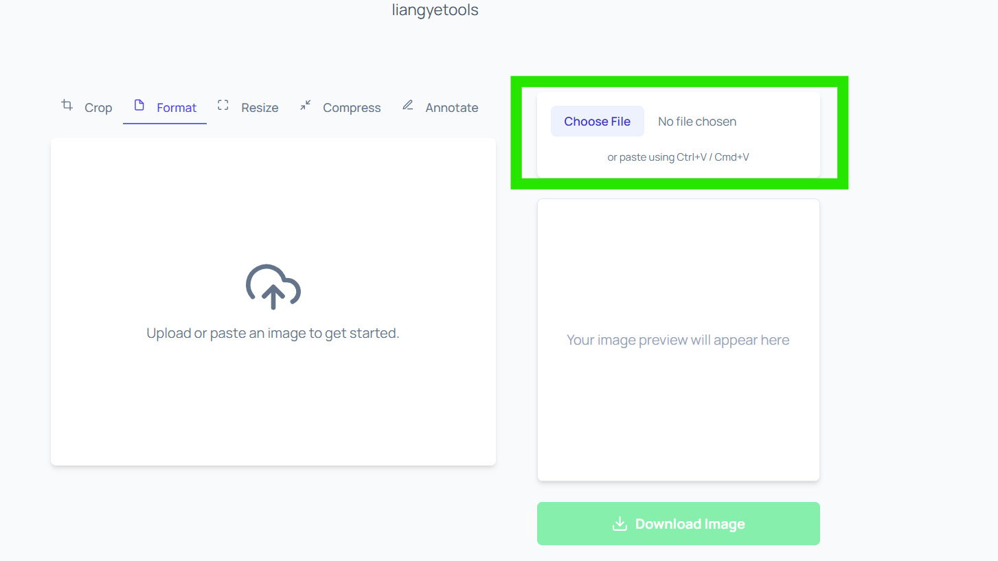 Format tool upload box highlighted in liangyetools