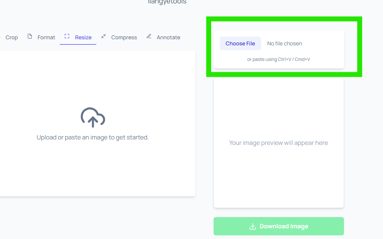 Resize tool upload panel highlighted in liangyetools